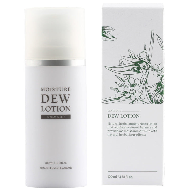 Moisture Dew Lotion packaging with botanical illustration on a white background