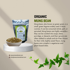 Organic mung bean packaging with text on a beige background