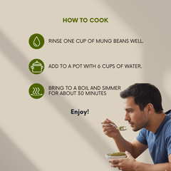 Man eating from a bowl with cooking instructions for mung beans on a beige background