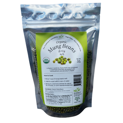 Package of organic mung beans with a green label on a white background