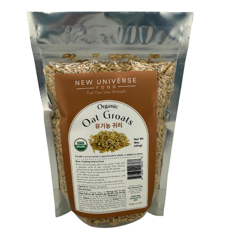Package of New Universe Food Organic Oat Groats on a white background