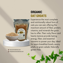Promotional image of organic oat groats with packaging and a bowl of oats on a neutral background.