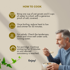 Cooking instructions for oat groats with a man eating porridge.
