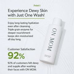 White bottle labeled 'ON MOM' with text about dewy skin and customer satisfaction on a light gray background.