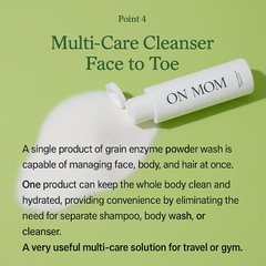White bottle labeled 'ON MOM' with a green background and text about multi-care cleanser.