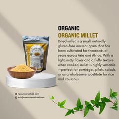Organic millet packaging with a bowl of millet and text about organic millet on a beige background.