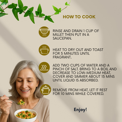 Woman eating a bowl of millet and  vegetables with cooking instructions on a beige background