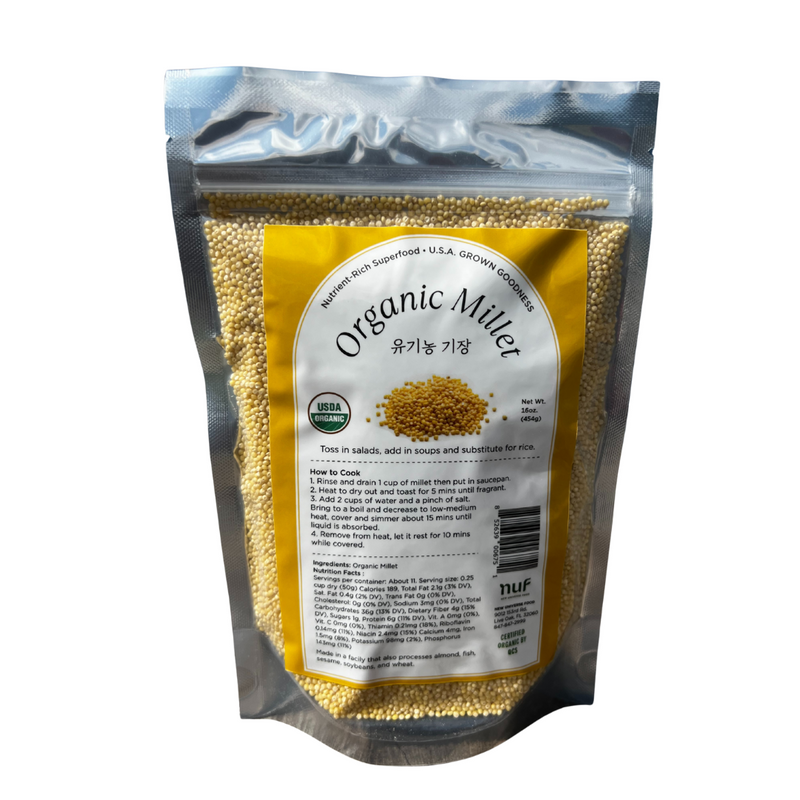 Packaged organic millet with a visible label on a white background