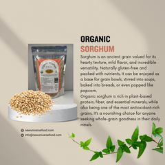Organic sorghum with packaging and text about its benefits on a beige background