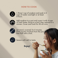 Instructions on how to cook sorghum with a woman eating sorghum porridge.