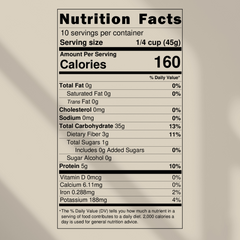 Nutrition facts label for a food product with serving size, calories, and detailed nutritional information.