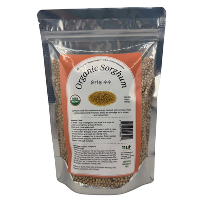 Bag of New Universe Food organic sorghum with a label on a white background
