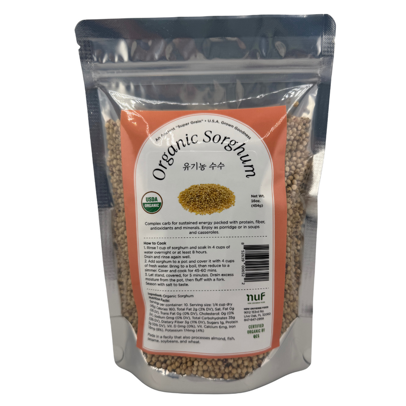 Bag of New Universe Food organic sorghum with a label on a white background