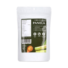 White packaging of Organic Panela with a green label on a white background