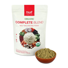NUF Organic Complete Blend package with a bowl of powder on a white background