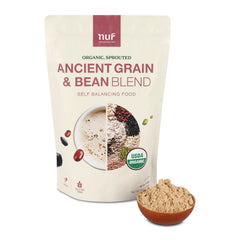 Bag of NUF Organic Sprouted Ancient Grain & Bean Blend with a bowl of the product on a white background