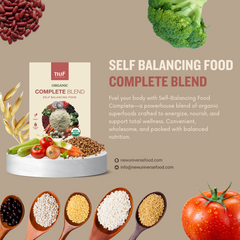 New Universe Food Complete Blend packaging with organic ingredients on a beige background