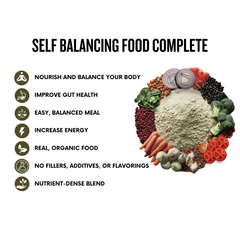 Promotional graphic for 'Self Balancing Food Complete' with a list of benefits and a circular arrangement of food items.