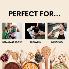 Promotional graphic for a NUF Complete product with images of people using the product and various ingredients.