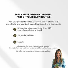 Instructions for making NUF Complete part of your daily routine with a woman holding a green drink.