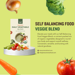 Advertisement for a NUF Organic Daily Vegetable Blend with vegetables and packaging on a green background.