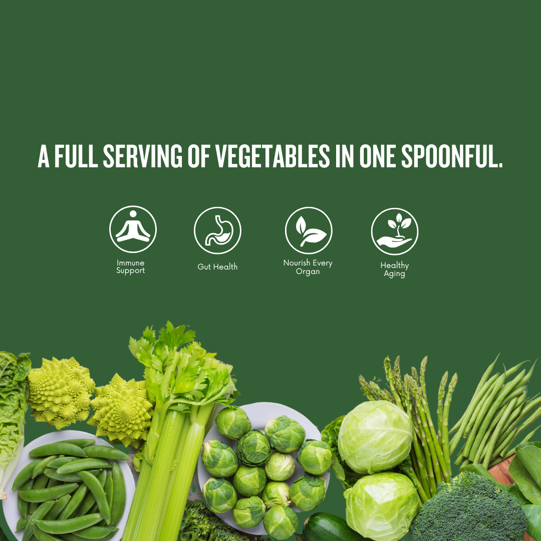 Assorted green vegetables with health benefits text on a green background