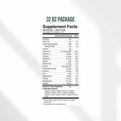 Supplement facts label for a 32 oz package of NUF Organic Daily Vegetable Blend on a white background