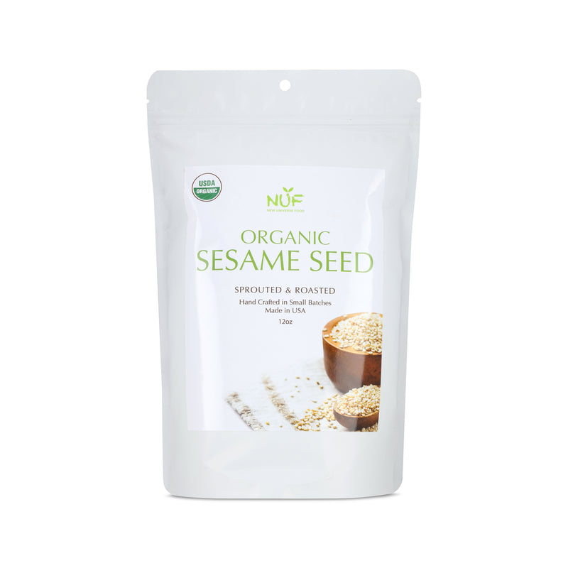 White packaging of organic sesame seeds with NUF branding on a white background