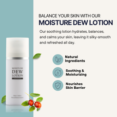 Moisture Dew Lotion packaging with product description and benefits on a blue and white background