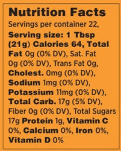 Nutrition facts label for NUF Turmeric Infused Honey with serving size, calories, and nutritional content details.