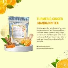 Turmeric Ginger Mandarin Tea package with tea leaves, ginger root, and oranges on a light yellow background.