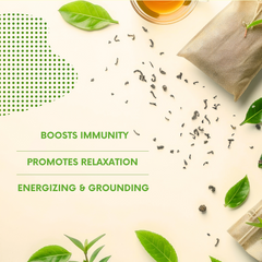 Tea leaves, tea bags, and green leaves on a light background with text about tea benefits.