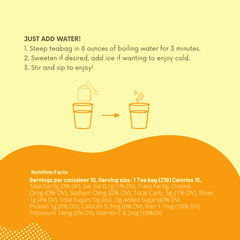 Tea packaging with brewing instructions and nutrition facts on a yellow background