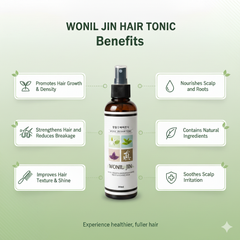 Wonil Jin Hair Tonic bottle with benefits listed on a green background