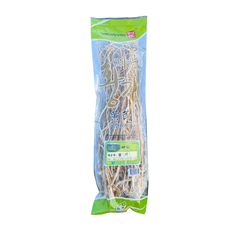 Packaged astragalus roots with a green label on a white background