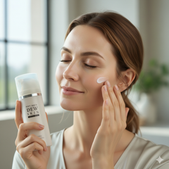Woman applying skincare product to her face with a bottle of SOFT AQUA Dew Skin in hand.