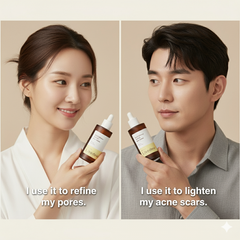 Two people holding skincare products with text on a beige background