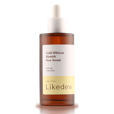 Skincare serum bottle labeled 'Gold Hibiscus Blemish Dew Serum' by Likedew on a white background