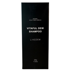 Black shampoo bottle packaging with 'Vitaful Dew Shampoo' and 'LIKEDEW' branding on a white background.