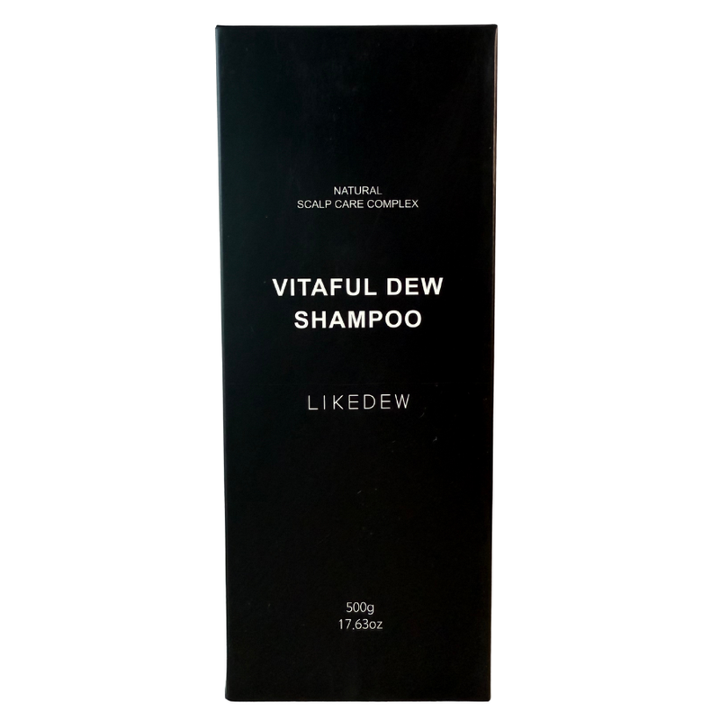 Black shampoo bottle packaging with 'Vitaful Dew Shampoo' and 'LIKEDEW' branding on a white background.