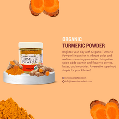 Jar of organic turmeric powder with turmeric roots and powder on a peach background