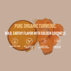 Pure organic turmeric with text highlighting its qualities on a beige background