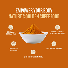 Turmeric powder in a white bowl with usage instructions on an orange background