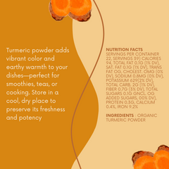 Turmeric powder packaging with text and nutrition facts on a beige background