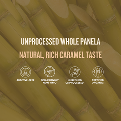 Unprocessed whole panela with certification icons and text on a dark overlay