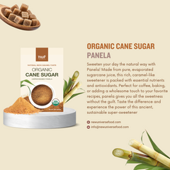 Organic cane sugar packaging with text on a beige background