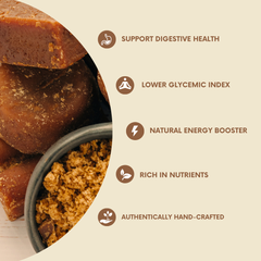 Panela sugar and a container of panela with health benefits text on a beige background