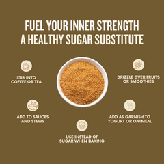 Healthy sugar substitute product with usage instructions on a brown background