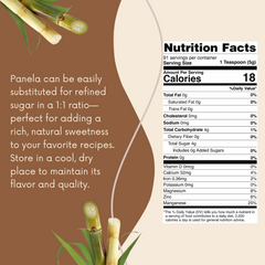 Nutrition facts label for panela with a brown background and panela graphics.