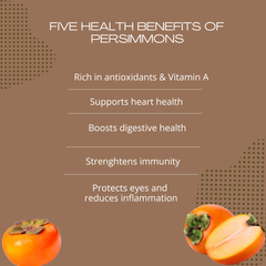List of health benefits of persimmons on a brown background with persimmon illustrations.